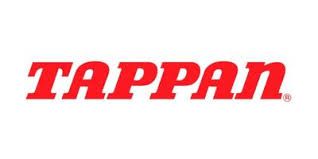 A red and white logo for tappan on a white background.