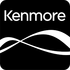 A black and white logo for kenmore with a wave in the middle.