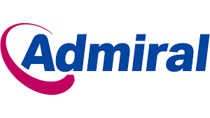 The logo for admiral is blue and pink with a red swirl.