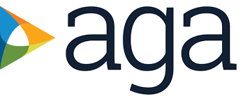 A logo for aga with a colorful triangle on a white background.