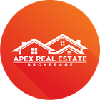 Logo for Apex Real Estate Brokerage, houses on an orange circle. White text and roof outlines.