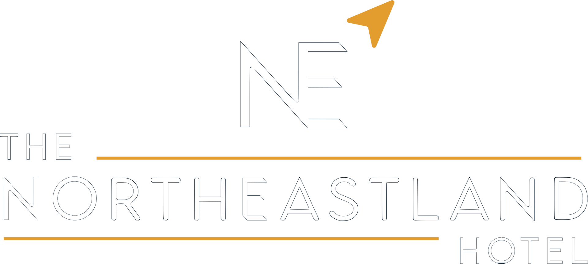 The new northeastland hotel logo is a white and gold logo with a yellow arrow.