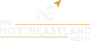 The new northeastland hotel logo is a white and gold logo with a yellow arrow.