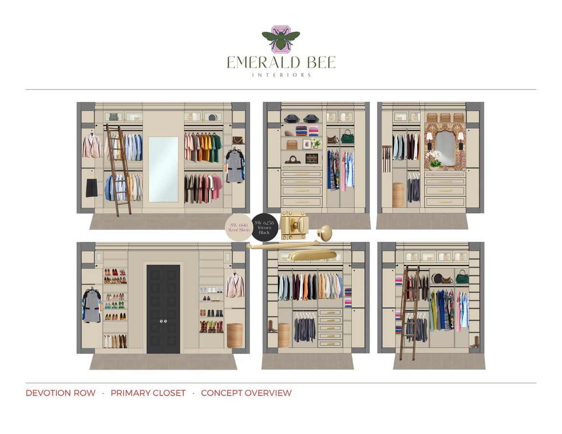Custom closet with built-in cabinetry, rolling ladder, and hidden jewelry storage by Emerald Bee Interiors for Devotion Row.