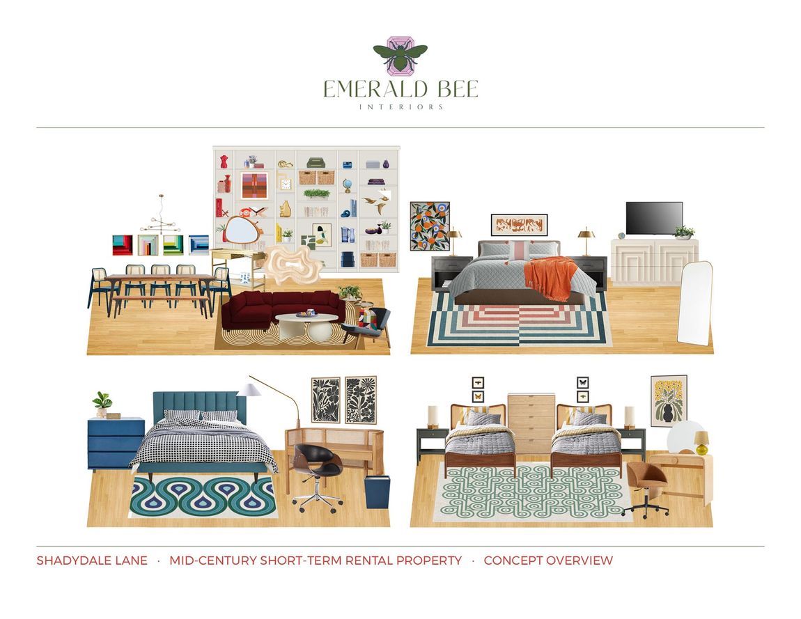 Mid-century rental concept with walnut furniture, geometric patterns, and retro colors by Emerald Bee Interiors.