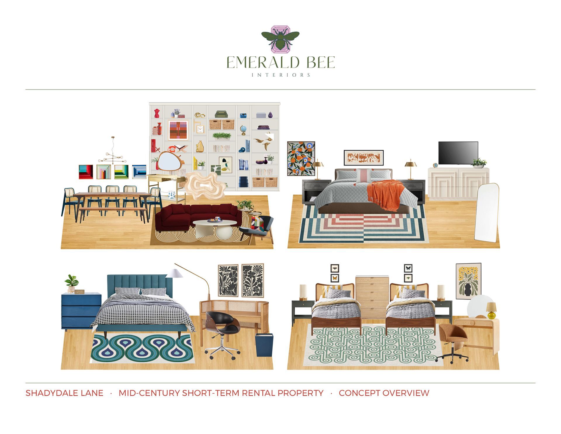 Mid-century rental concept with walnut furniture, geometric patterns, and retro colors by Emerald Bee Interiors.