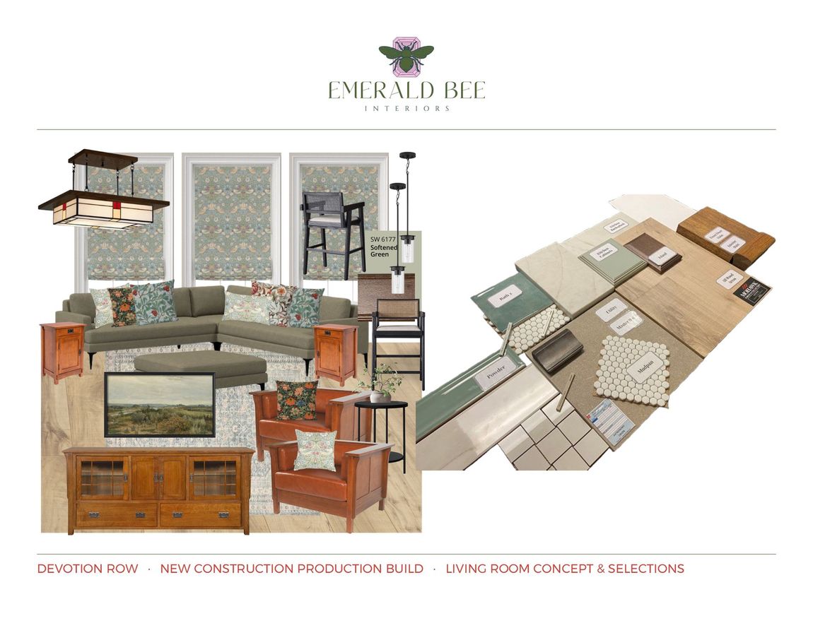 Living room concept with layered neutrals, mixed patterns, and custom millwork by Emerald Bee Interiors for Devotion Row.