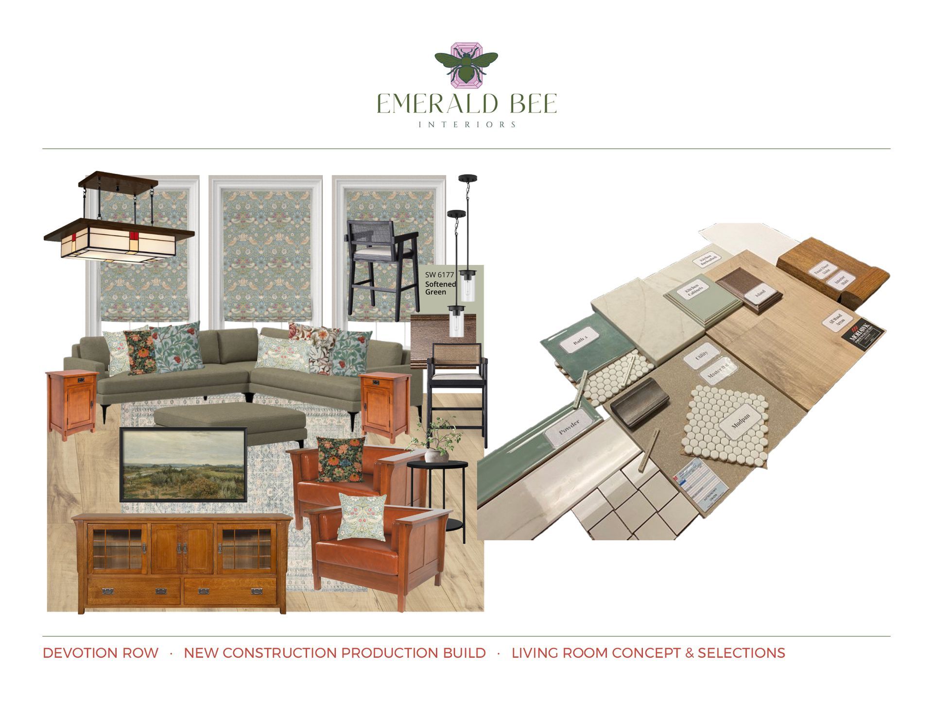 Living room concept with layered neutrals, mixed patterns, and custom millwork by Emerald Bee Interiors for Devotion Row.