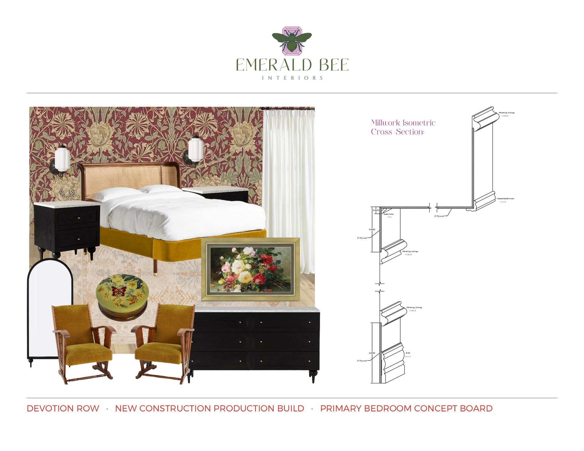 Primary bedroom concept with tailored textiles, brass accents, and architectural details by Emerald Bee Interiors.