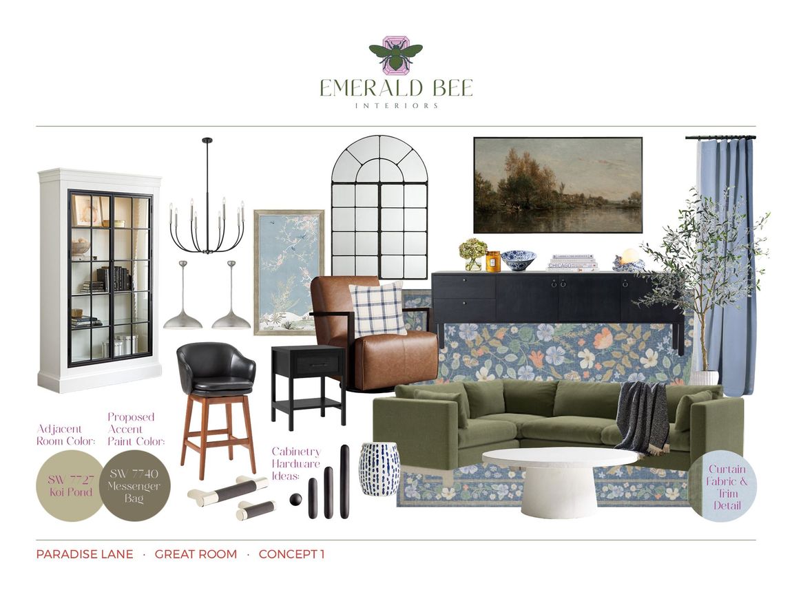 Living room concept with green sectional, soft blue accents, and transitional furnishings by Emerald Bee Interiors.