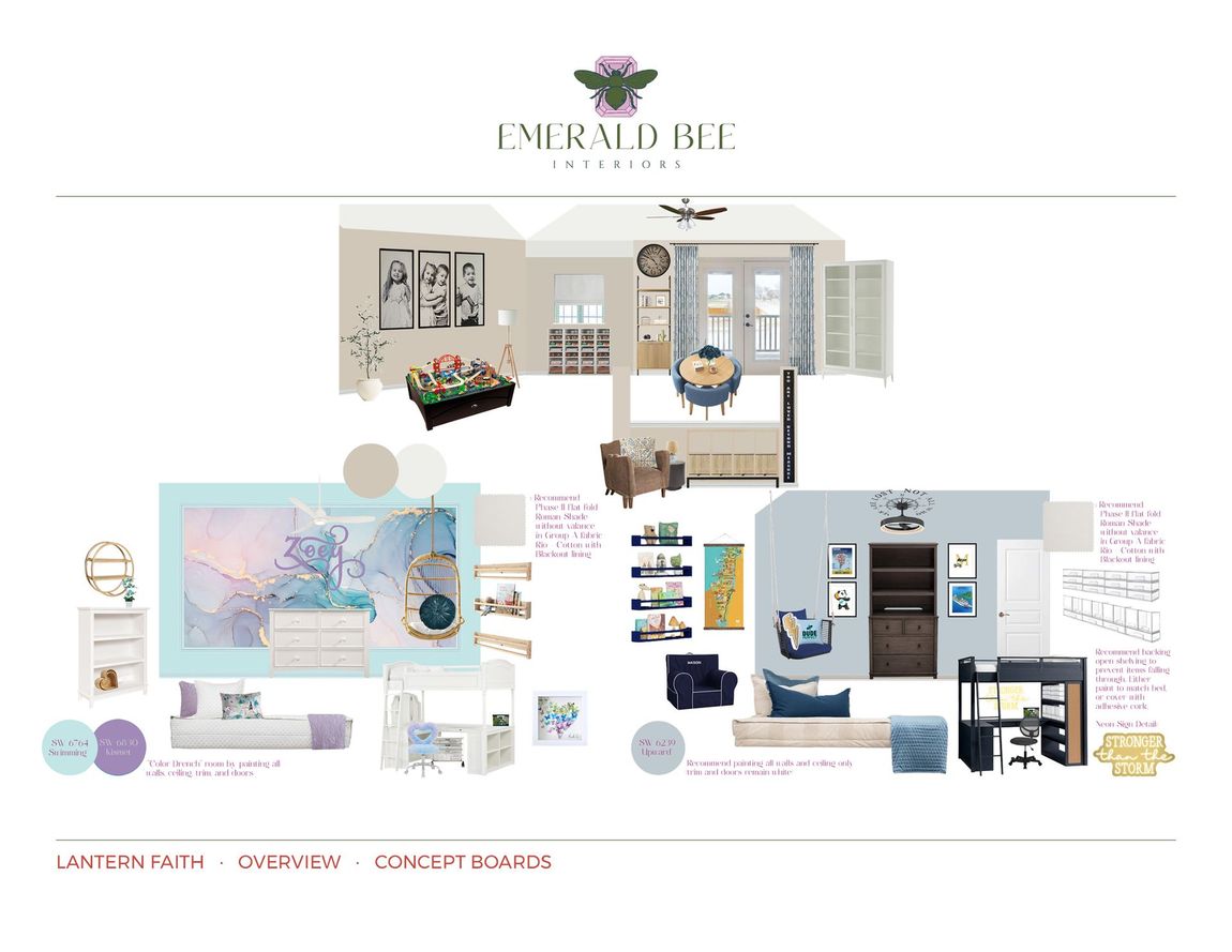 Children’s game room and bedroom concepts with playful patterns, color palettes, and custom storage by Emerald Bee Interiors.