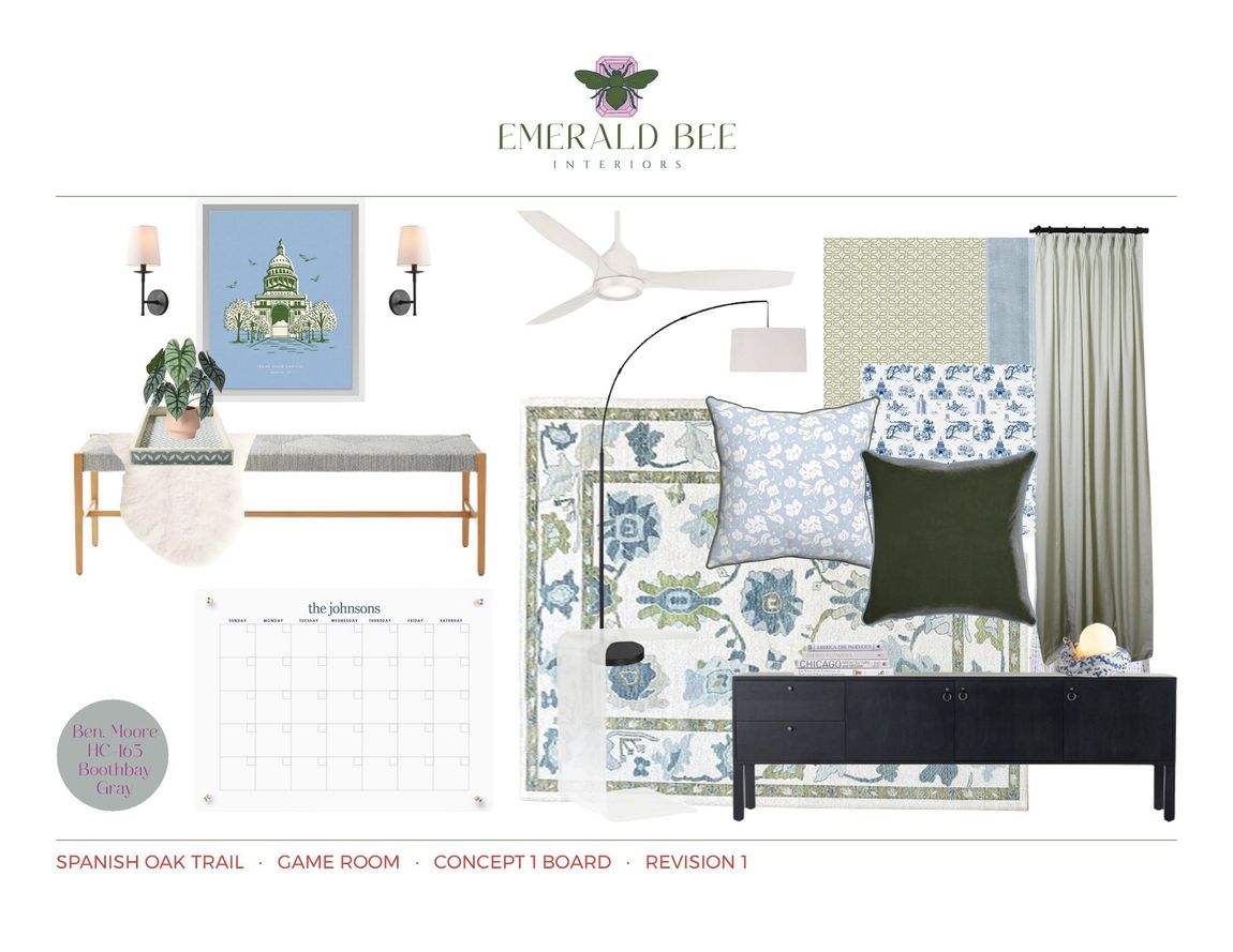Game room concept with updated textiles, furnishings, and accent  lighting by Emerald Bee Interiors for Spanish Oak Trail.