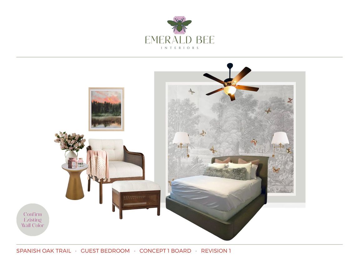 Guest bedroom concept with upholstered bed, wallpaper mural, and wall sconces by Emerald Bee Interiors for Spanish Oak Trail.