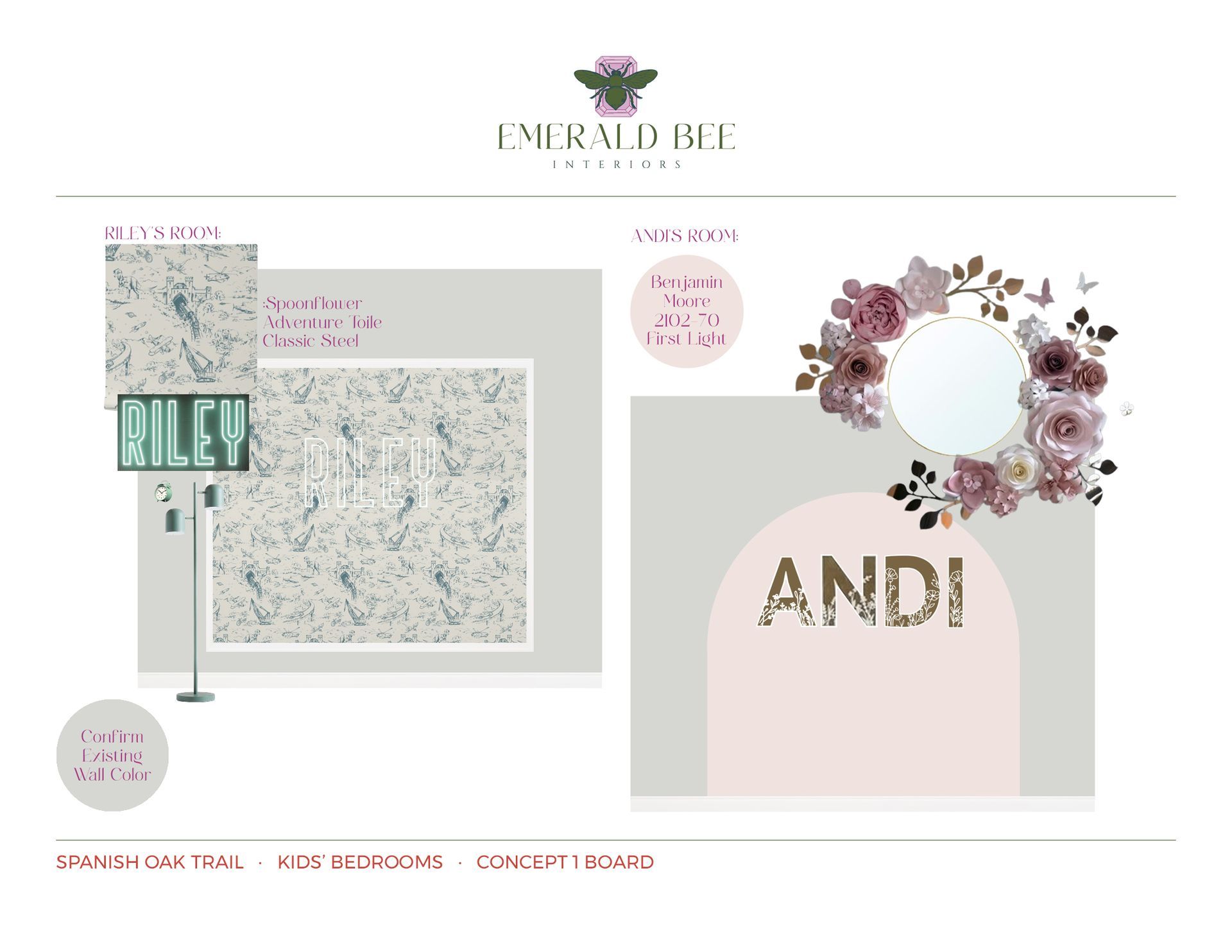 Kids’ bedroom concepts with playful patterns, layered textures, and personalized details by Emerald Bee Interiors.