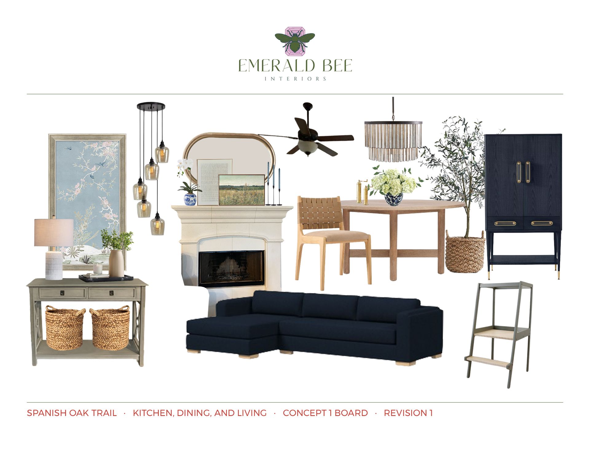 Open kitchen and living concept with updated furnishings and modern lighting by Emerald Bee Interiors for Spanish Oak Trail.