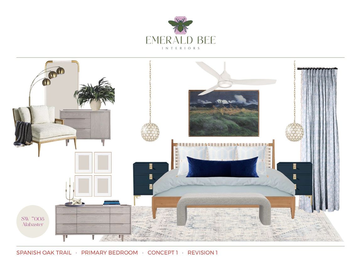 Primary bedroom concept with woven headboard, layered bedding, and custom ceiling treatment by Emerald Bee Interiors.