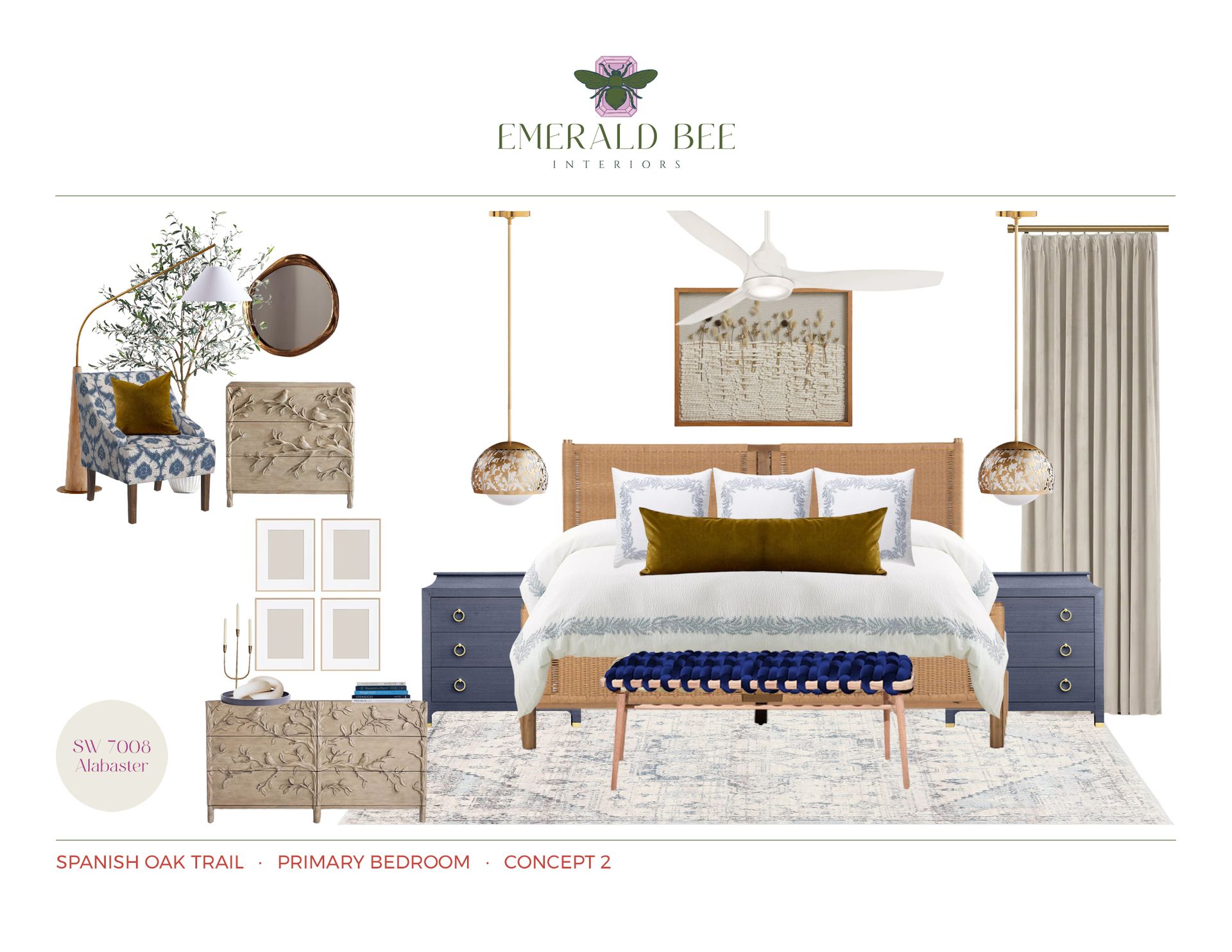 Alternate bedroom concept with navy velvet accents, geometric pendants, and statement ceiling by Emerald Bee Interiors.