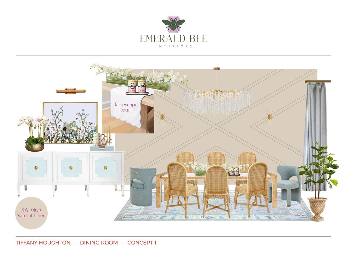 Dining room concept with burl wood table, upholstered chairs, and sculptural chandelier by Emerald Bee Interiors.