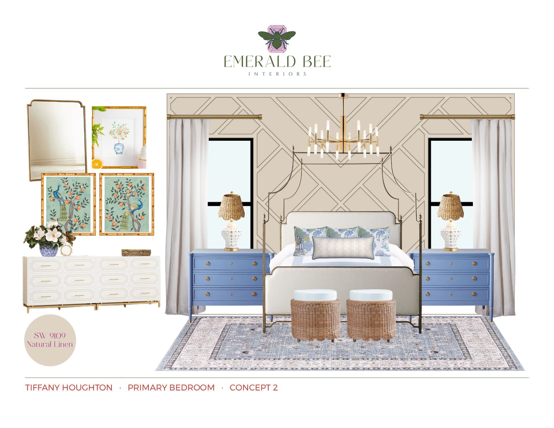 Primary bedroom concept with upholstered canopy bed and bold blue nightstands by Emerald Bee Interiors for Tiffany Houghton.