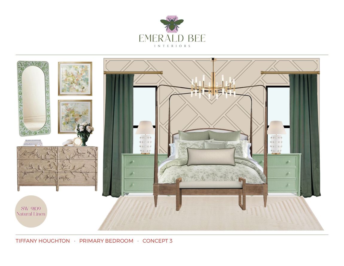 Alternate primary bedroom concept with wood canopy bed and green floral accents by Emerald Bee Interiors for Tiffany Houghton