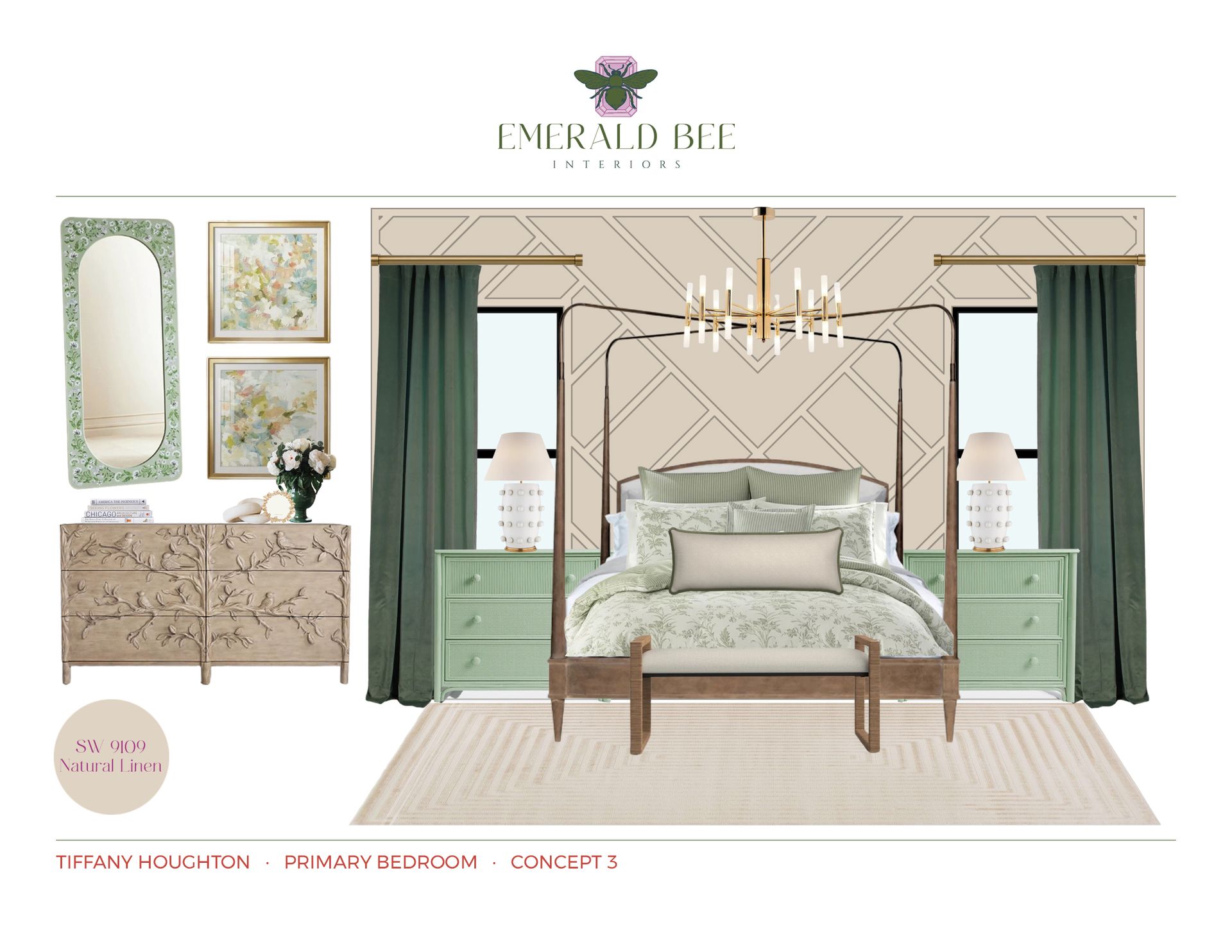 Alternate primary bedroom concept with wood canopy bed and green floral accents by Emerald Bee Interiors for Tiffany Houghton