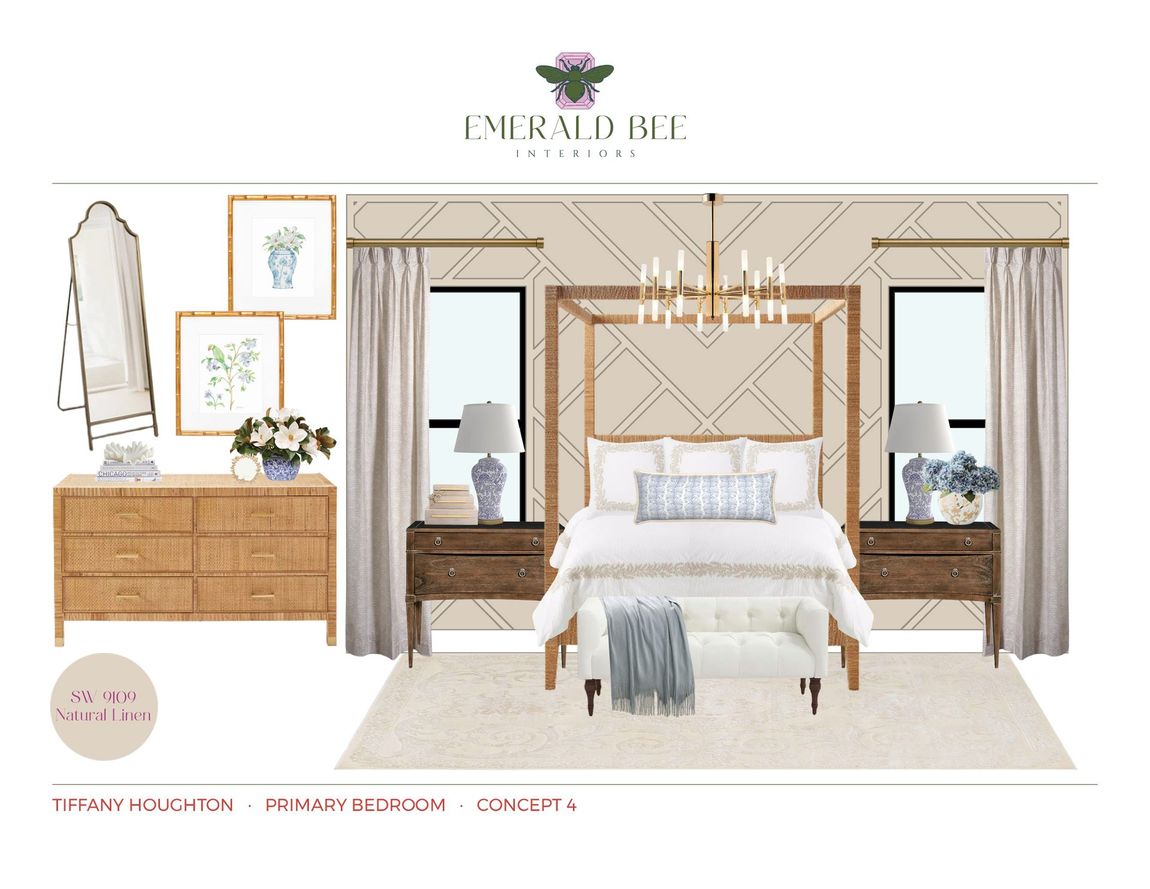 Primary bedroom concept featuring rattan canopy bed and soft neutrals by Emerald Bee Interiors for Tiffany Houghton