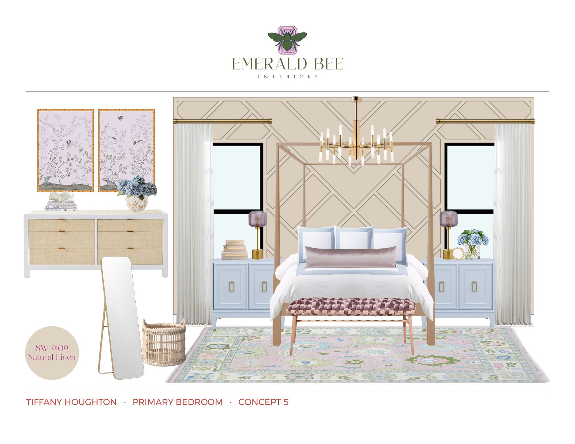Primary bedroom concept with modern canopy bed and soft purple chinoiserie art by Emerald Bee Interiors for Tiffany Houghton.