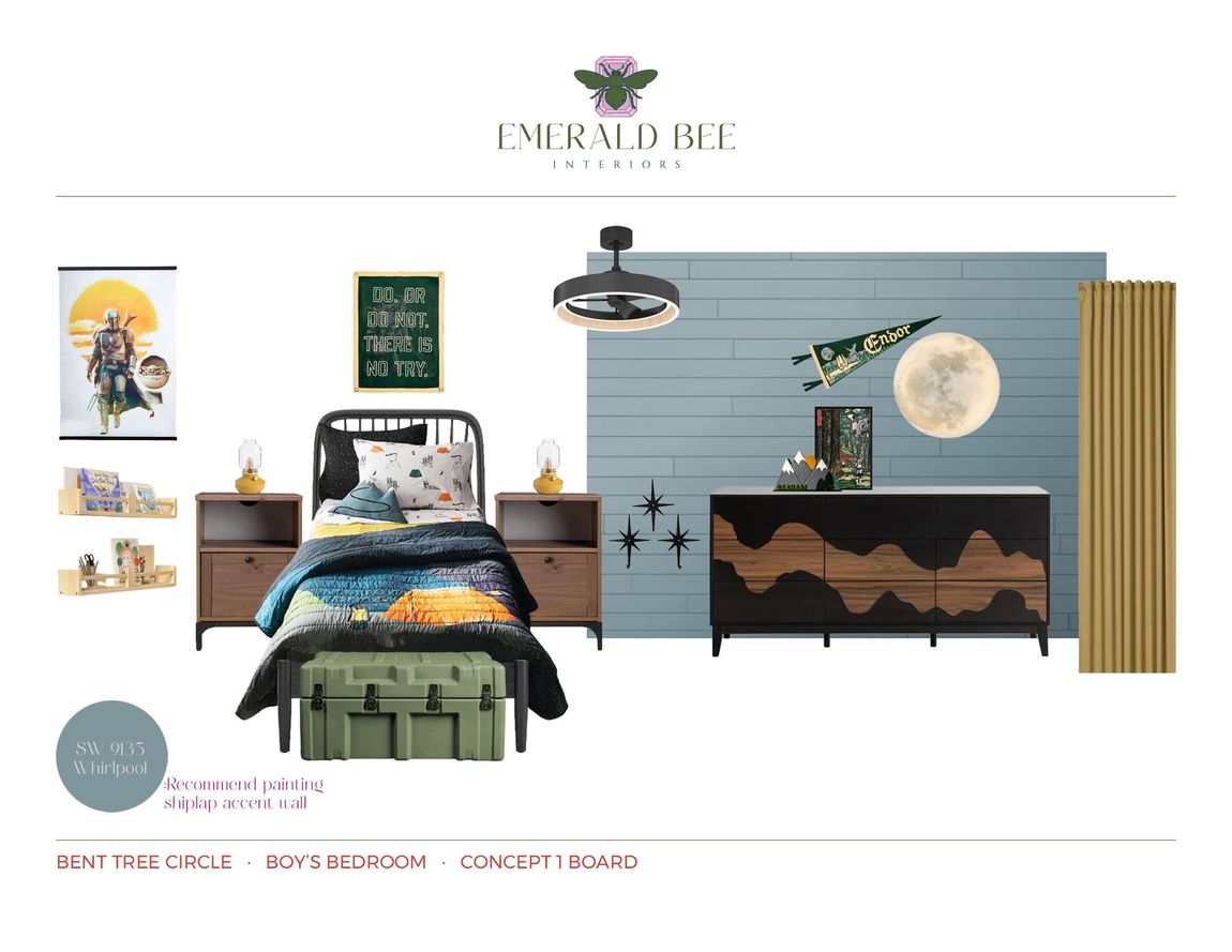 Boys’ bedroom concept with muted blue shiplap wall and mountain-night sky inspiration by Emerald Bee Interiors.