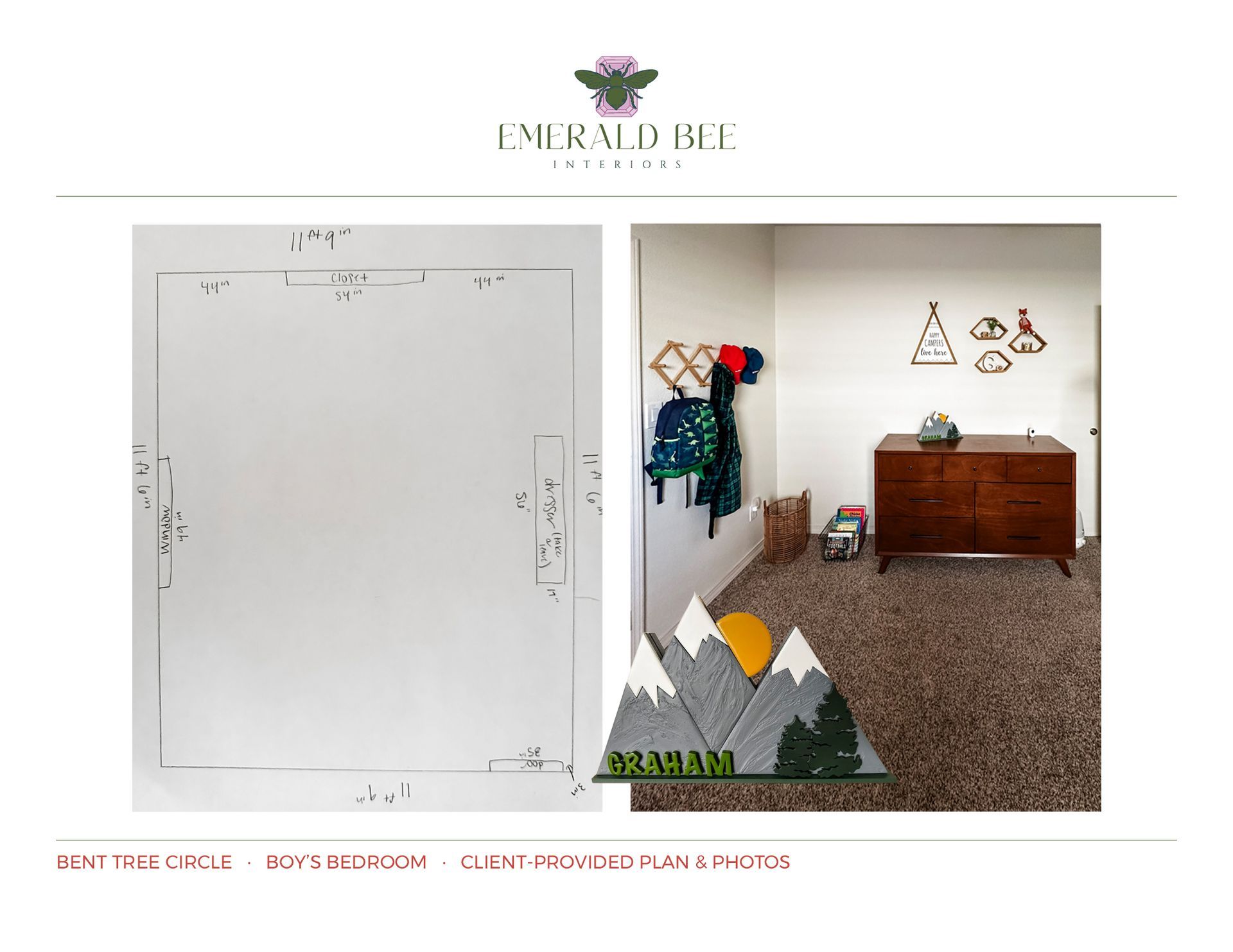 Room with mountain rug, coat rack, dresser, and wall decor.