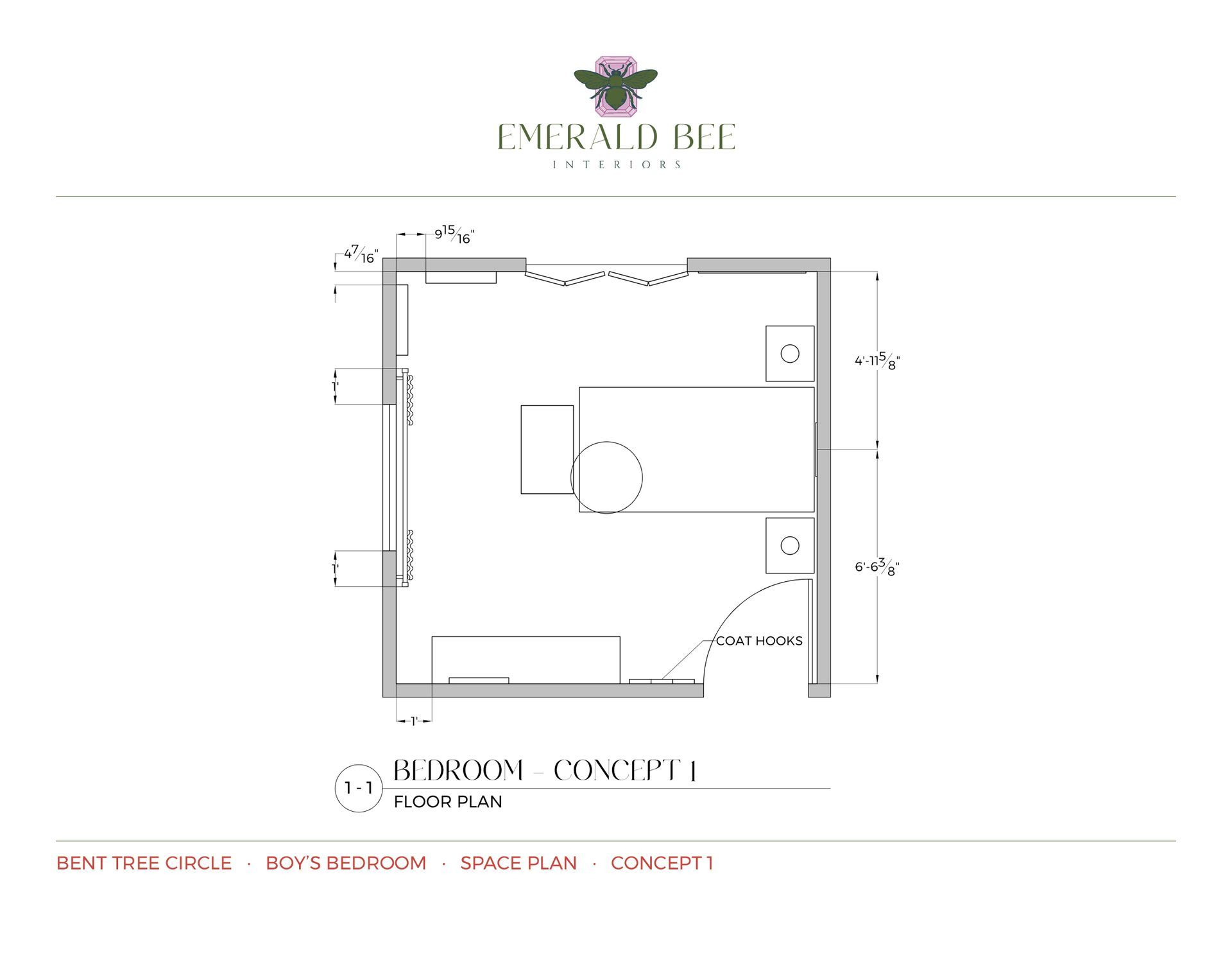 Floor plan of a room with a window, doorway, and built-in objects. The top has a logo.