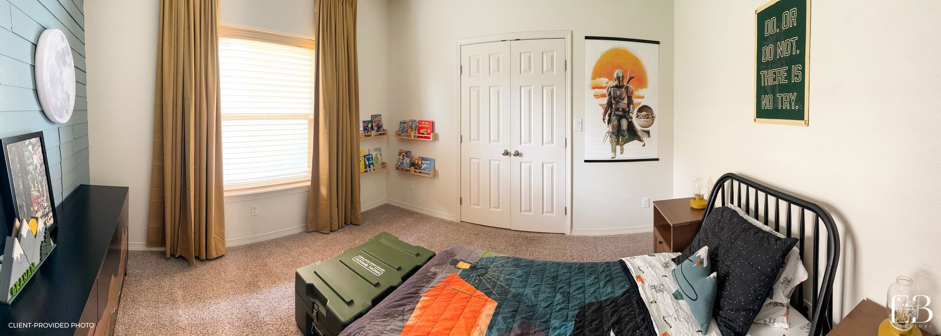 Bedroom with a bed, dresser, window, closet, and artwork. Brown carpet, tan curtains, white walls.