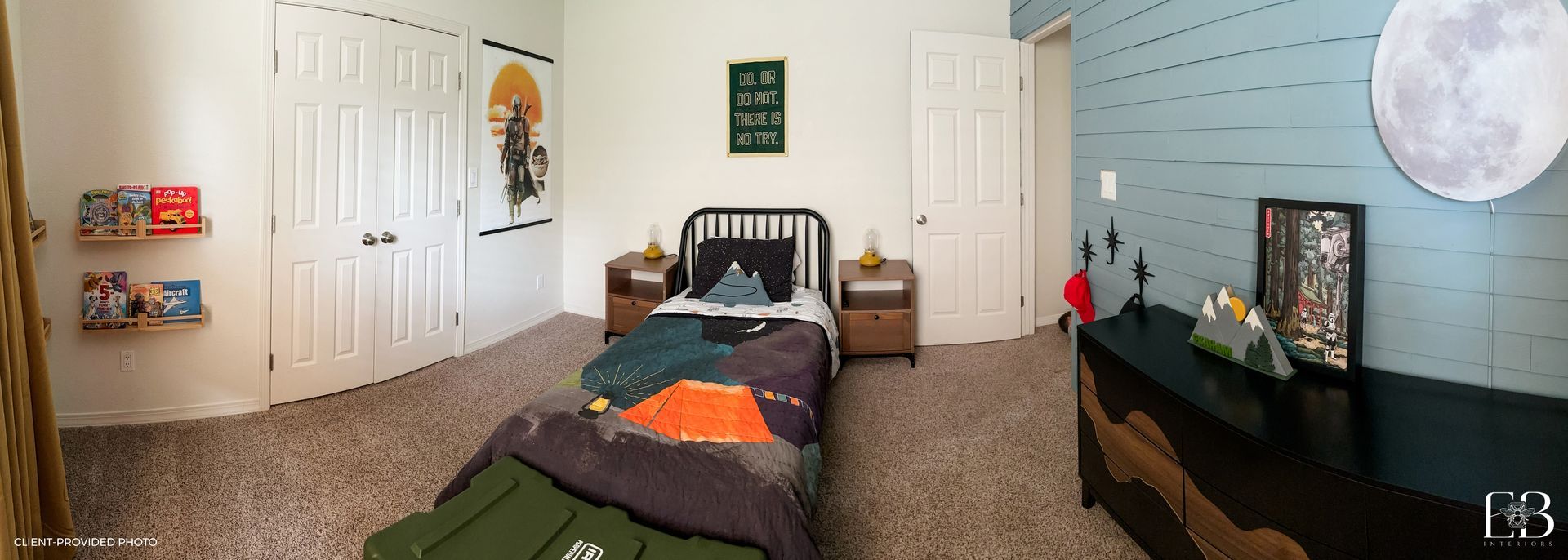 Bedroom with bed, dresser, nightstands, shelves, and wall decor including a moon.