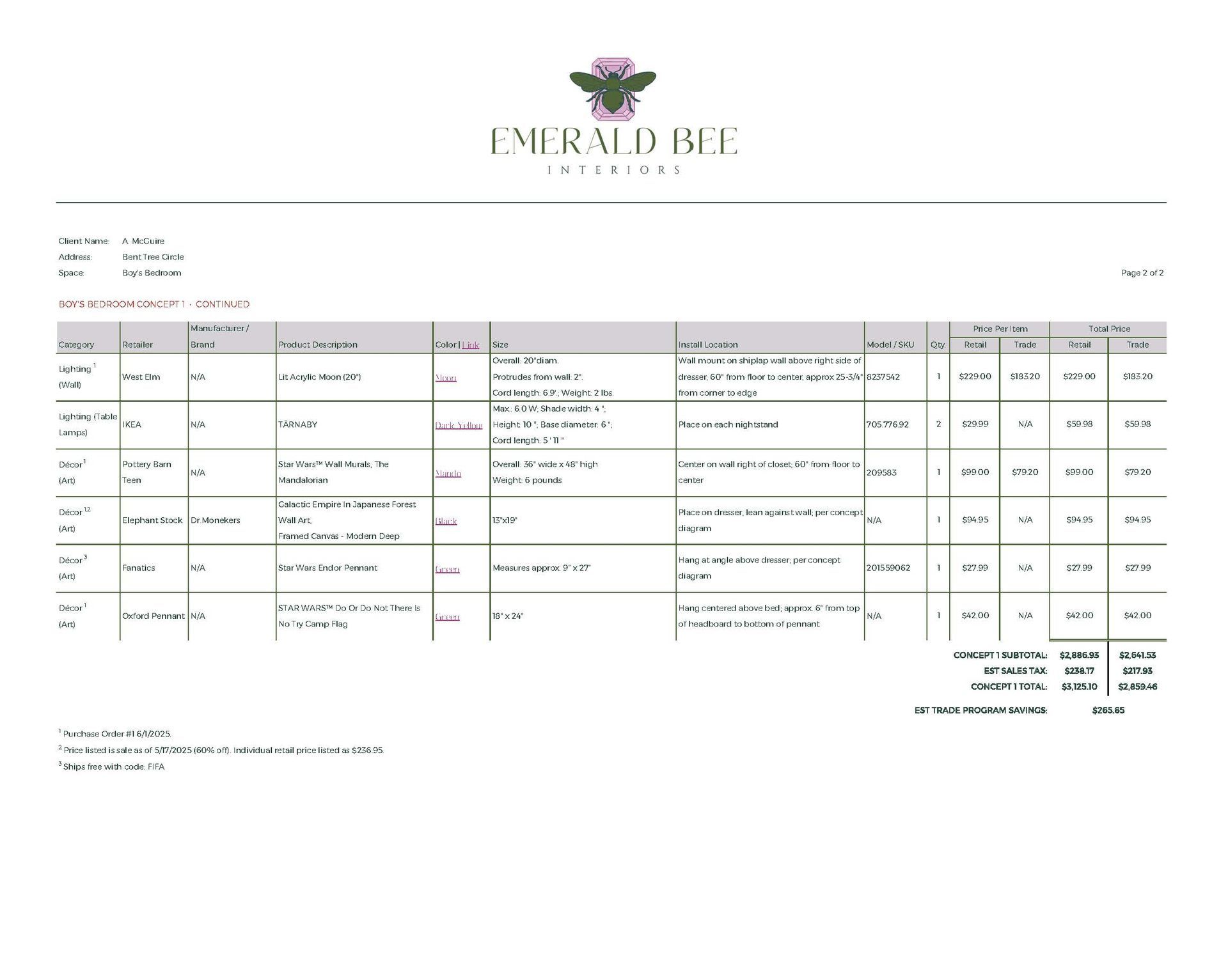 Invoice from Emerald Isle with itemized costs.