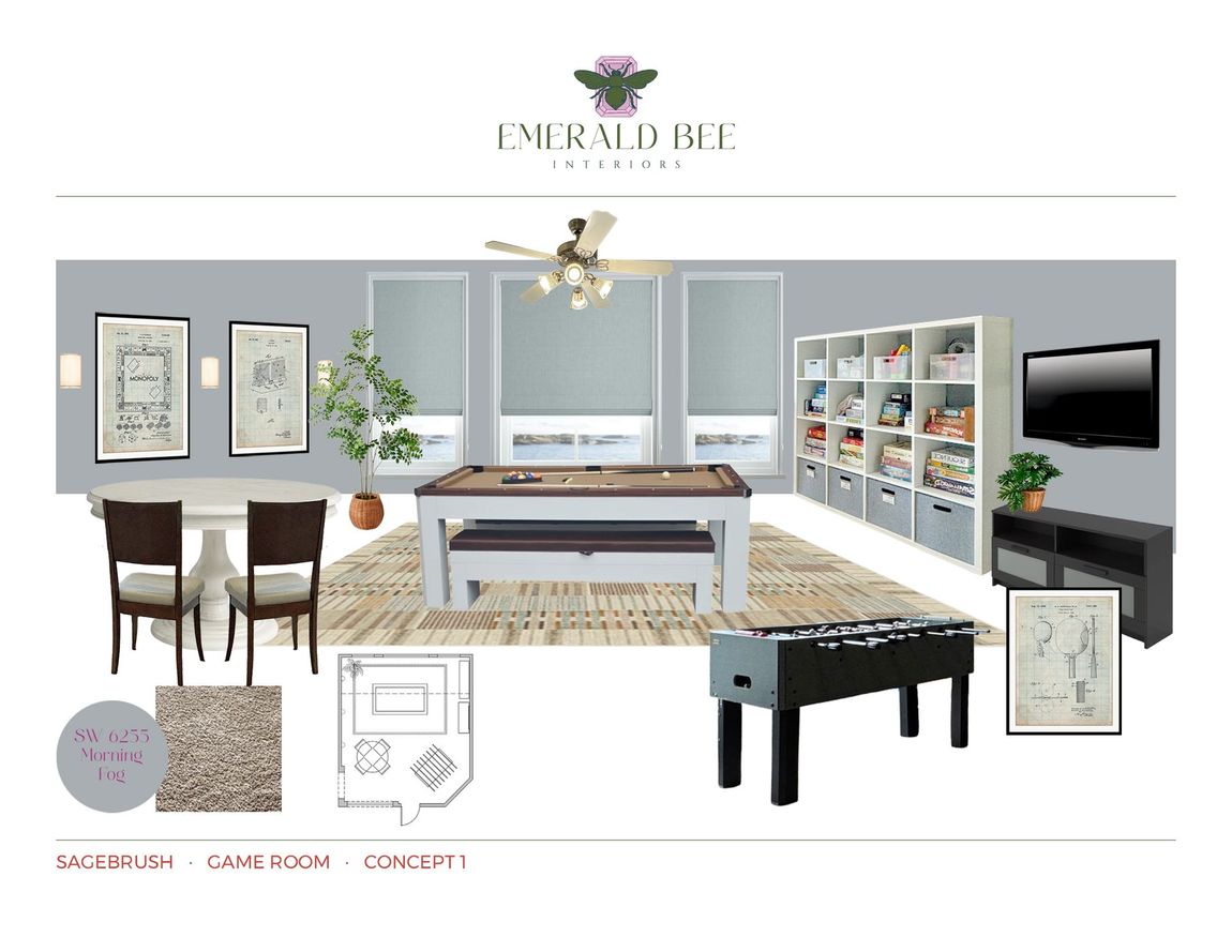 Game room redesign with pool table, foosball, vintage game art, and layered neutrals by Emerald Bee Interiors.