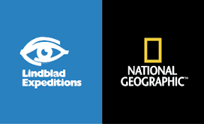 Lindblad Expeditions and National Geographic logos side-by-side: white eye on blue, yellow square on black.