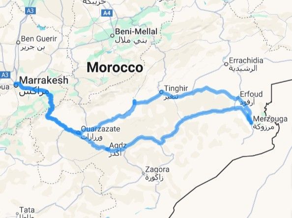 A map of morocco with a blue line going through it