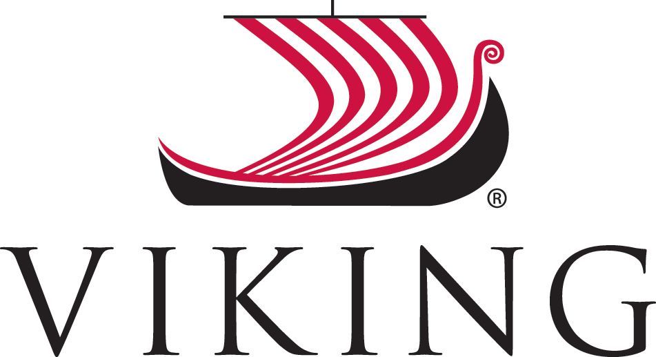 Viking logo: black Viking ship with red striped sail; black text 