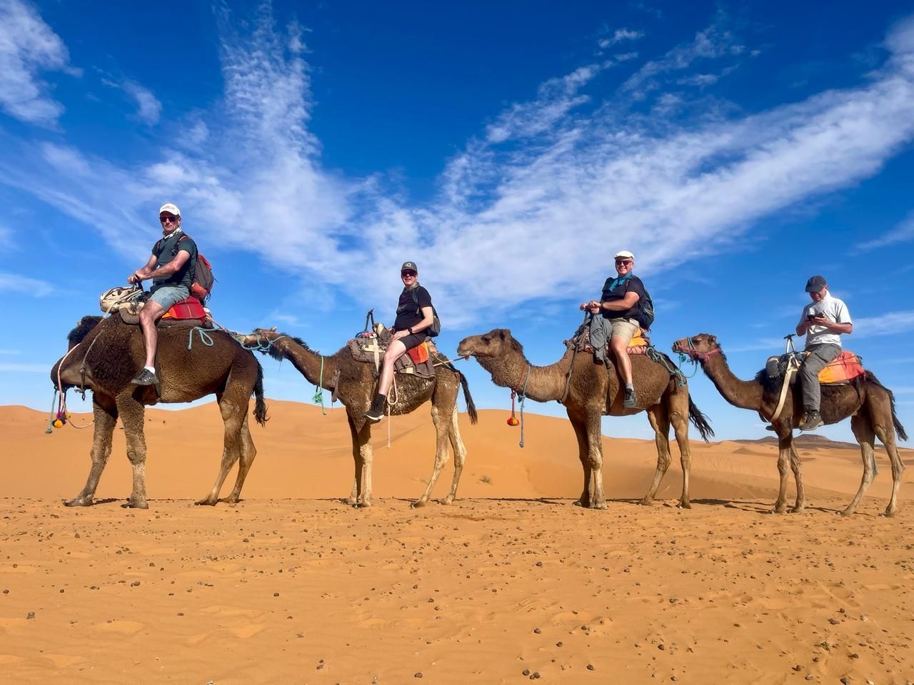 A group of people are riding camels in the desert.