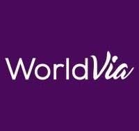 WorldVia logo in white script on a purple background.