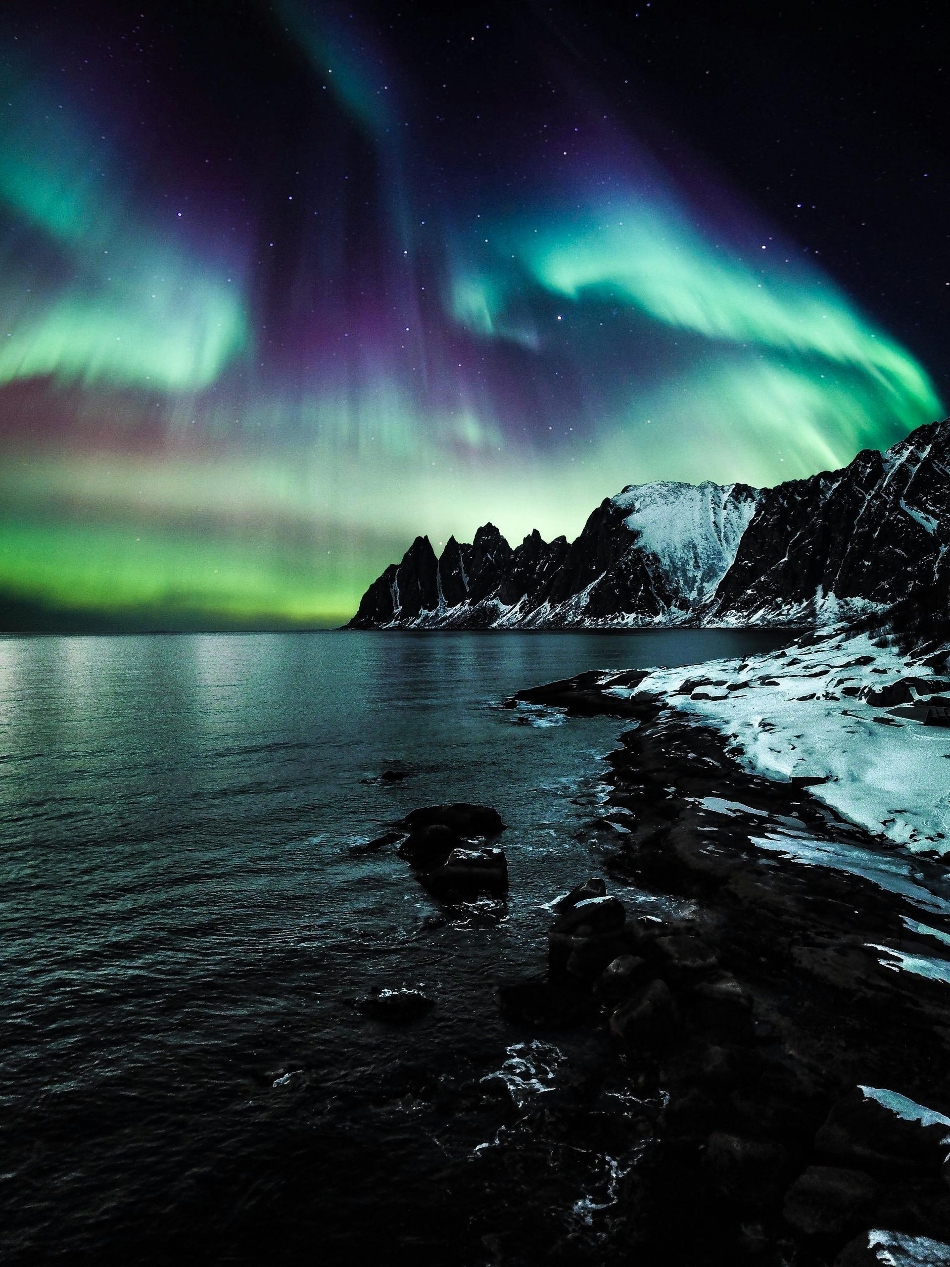 Northern Lights illuminate a dark sky over a snow-covered mountain and a dark shoreline.