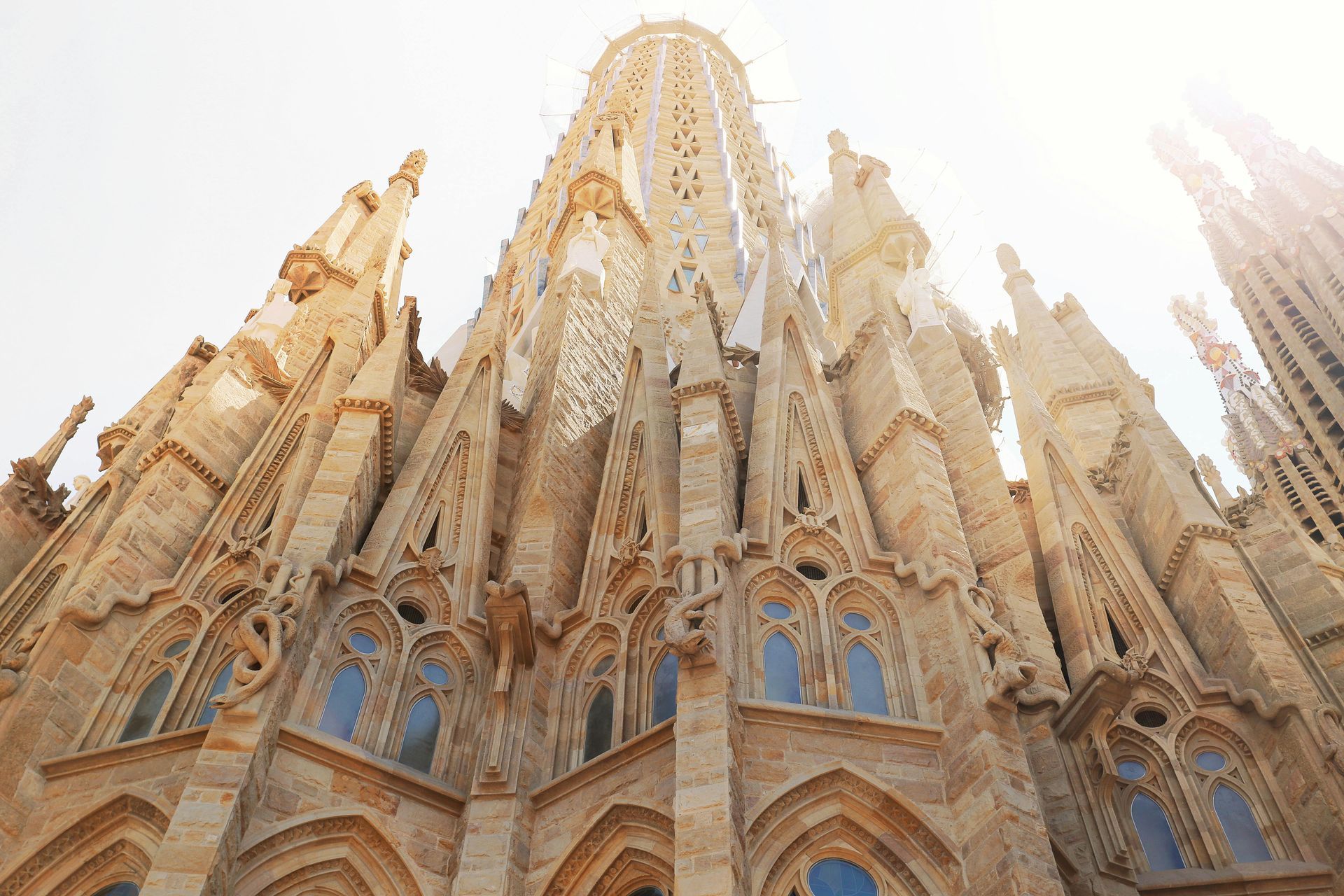 Sagrada Familia cathedral in Barcelona, Spain, viewed from below, sunlit, with intricate stone details and tall spires.