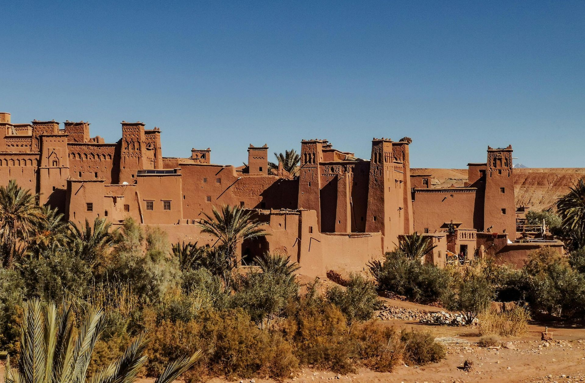 A large building in the middle of a desert surrounded by palm trees.