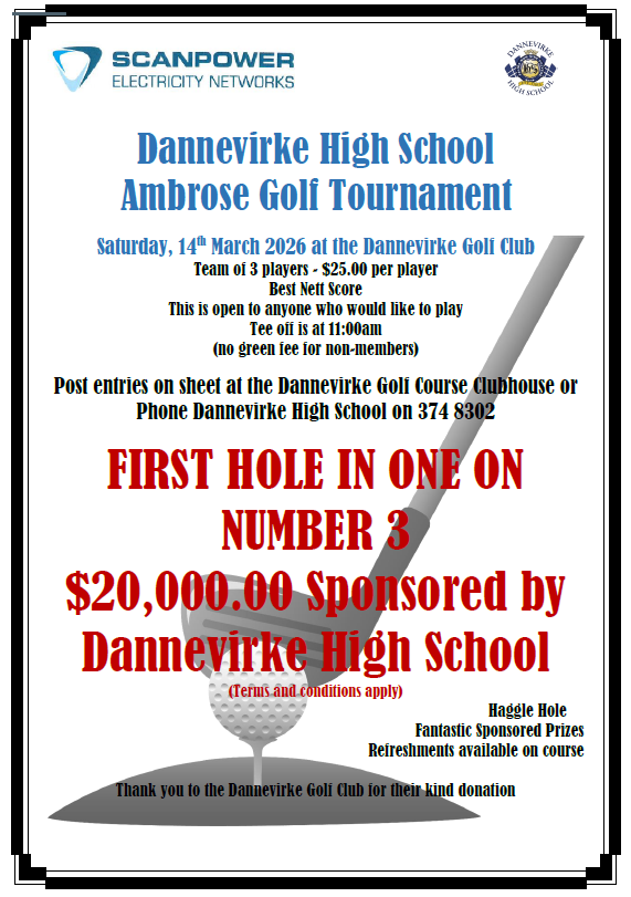 Flyer for Dannevirke High School Ambrose Golf Tournament on March 14, 2026, featuring a $20,000 hole-in-one prize.