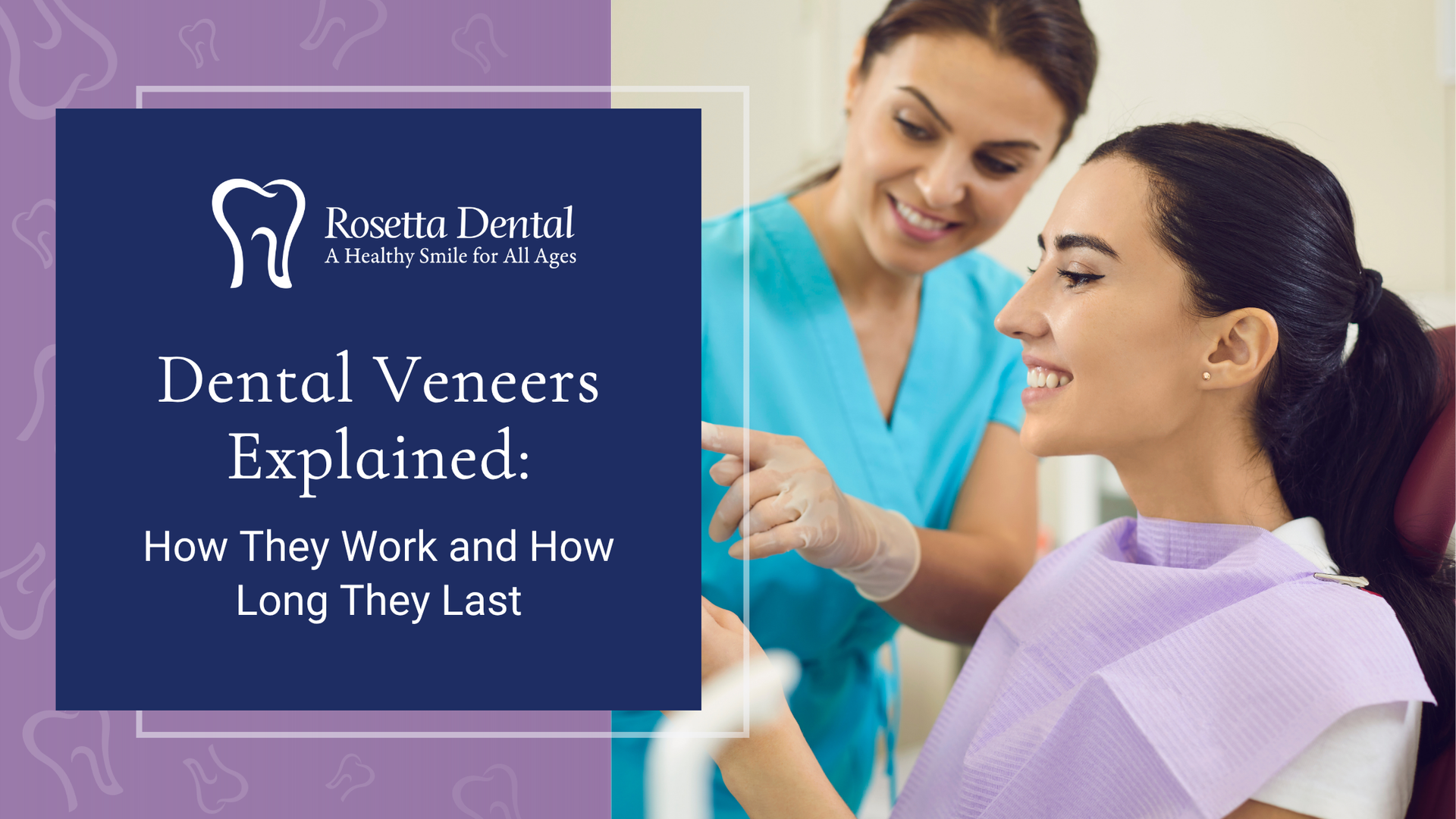 Dental hygienist showing patient veneers. Woman smiles, purple/blue tones, office setting.