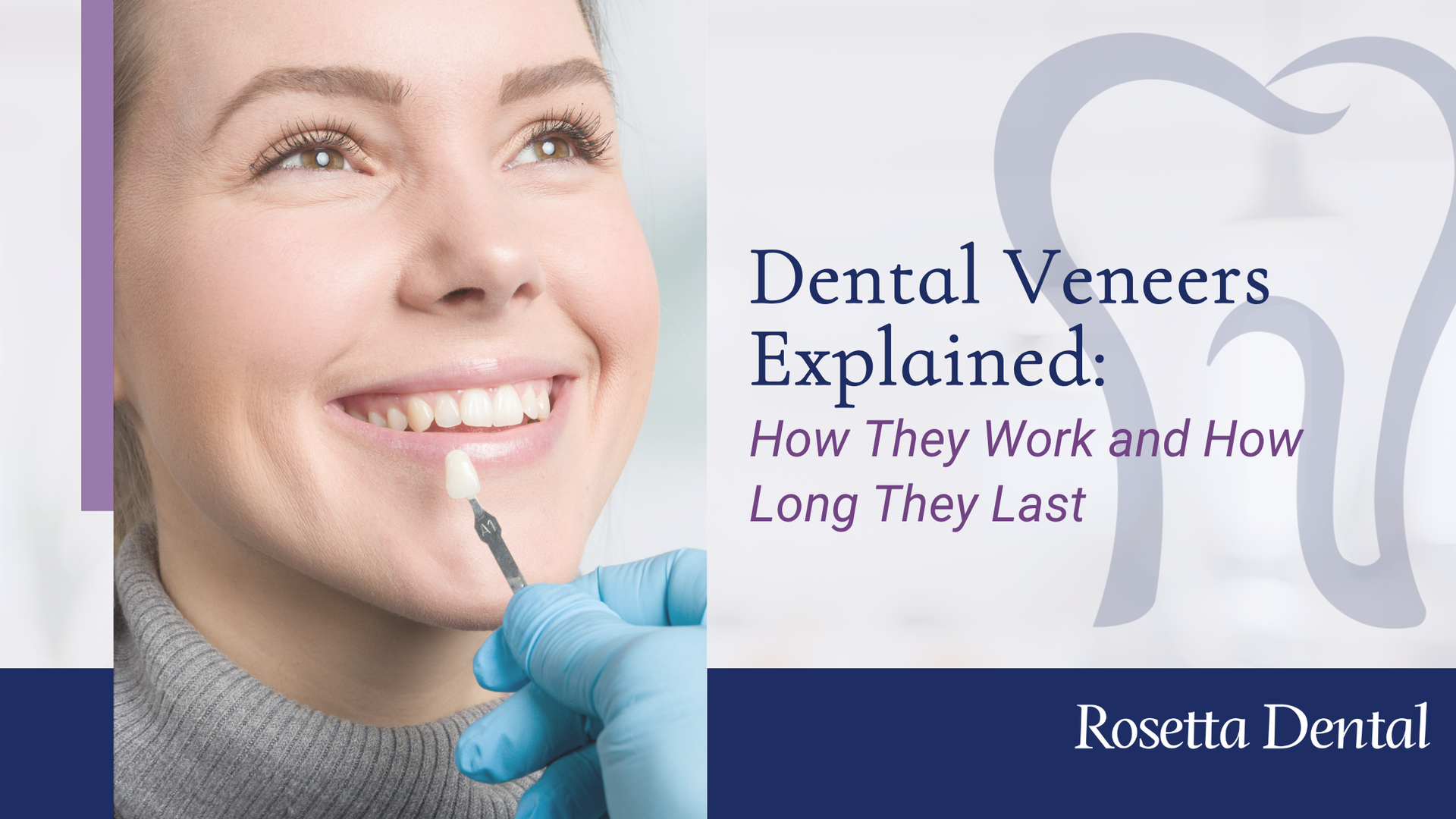 Woman smiling as dentist checks veneer shade. Text: Dental Veneers Explained. Rosetta Dental logo.