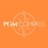 A logo for pgm compass with an orange background