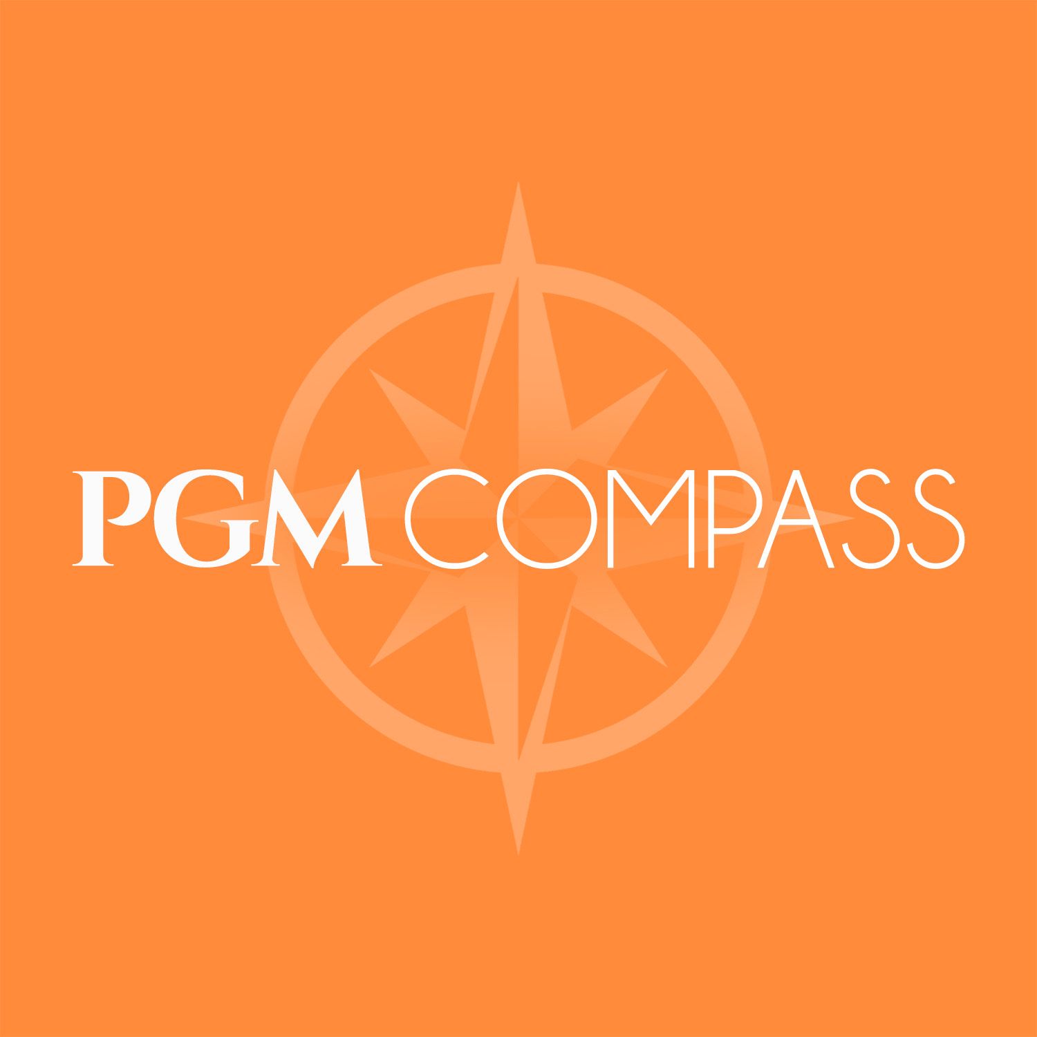 A logo for pgm compass with an orange background