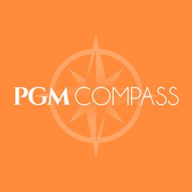 A logo for pgm compass with an orange background