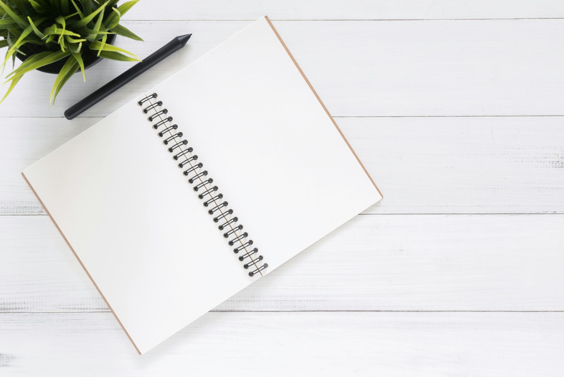 An open notebook with a pencil and a potted plant on a white wooden table.