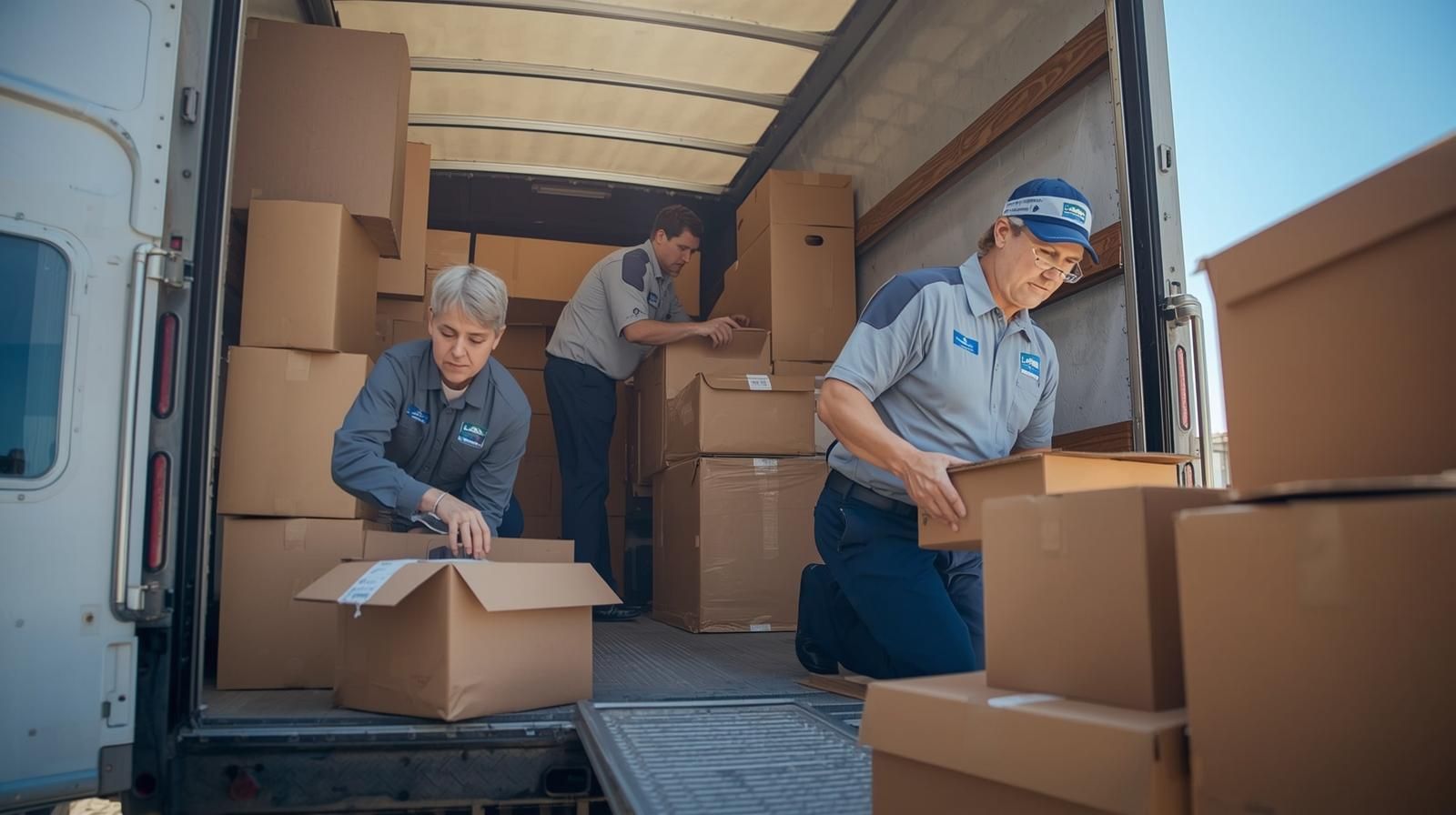 Moving company workers loading boxes into a moving truck